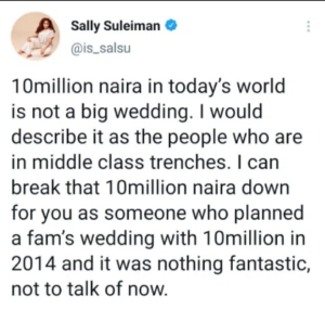 “N10 Million Wedding Is Not A Big Wedding. It’s For The Middle Class” – Media Personality, Sally Suleiman Says, Give Reasons