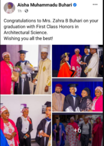 On Tuesday, Zahra B. Buhari, one of the daughters of Nigerian President, Muhammadu Buhari graduated with a first-class degree from a university in the United Kingdom. The good news was shared by her mother, Aisha Buhari via Facebook. Sharing the photos from the graduation ceremony, Aisha wrote; “Congratulations to Mrs. Zahra B Buhari on your graduation with First Class Honors in Architectural Science. Wishing you all the best,” she posted. This comes amid an industrial action embarked on by public university lecturers across the country over Nigerian government and the academic staff union’s failure to reach an agreement. Zahra’s graduation 