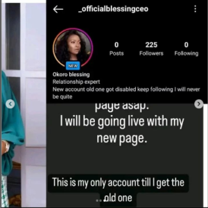 Blessing Okoro Loses Instagram Account After Announcing Herself As Official Therapist Of IVD