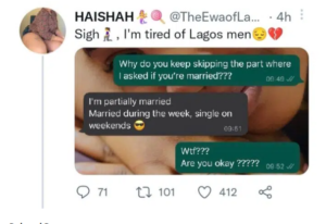 “I Am Partially Married” – Lady Shares Screenshot Of Message She Received From Married Man In Lagos Wooing Her