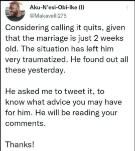 Man Traumatized, Seeks For Advice After Discovering That His Newly Wedded Wife Used To Be A Call Girl1