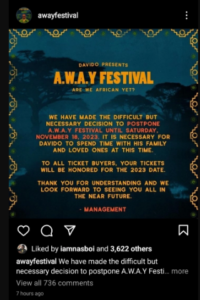 Davido’s Management Announces New A.W.A.Y Festival Concert Date, Shares Update About Singer0