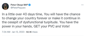 “Retire Them And Take Back The Country” – Singer, Peter Okoye Encourages Nigerians To Get Pvc And Vote Out Failed Leaders