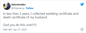 “In less than 2 years I collected wedding certificate and death certificate of my husband” – Woman mourns as she loses her husband