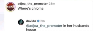 "Where is chioma?"- Concerned fan asks Davido, he replies