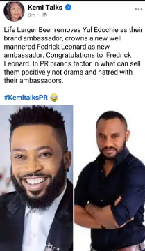 “Freddie Leonard has replaced Yul Edochie as ambassador for Life Larger Beer” – Kemi Olunloyo reveals (SEE WHY)9