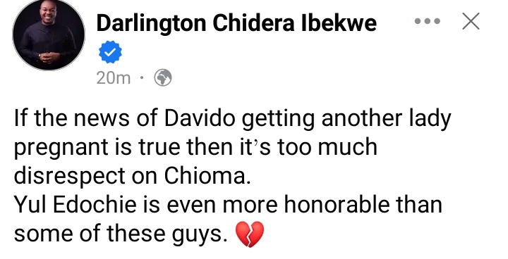 “Yul Edochie is even more honourable than some of these guys” Influencer, Darlington Chidera Ibekwe reacts to Davido ‘s cheating saga