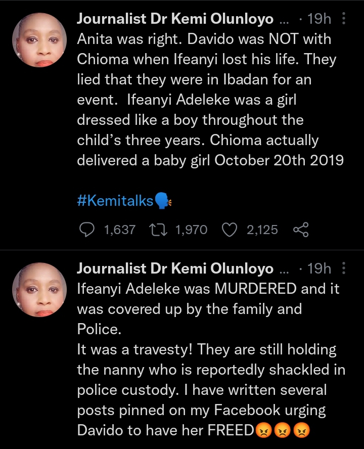 "Ifeanyi Was Murdered. He Was A Baby Girl But Davido and Chioma Dressed Him Like A Girl" — Kemi Olunloyo Makes Shocking Allegation