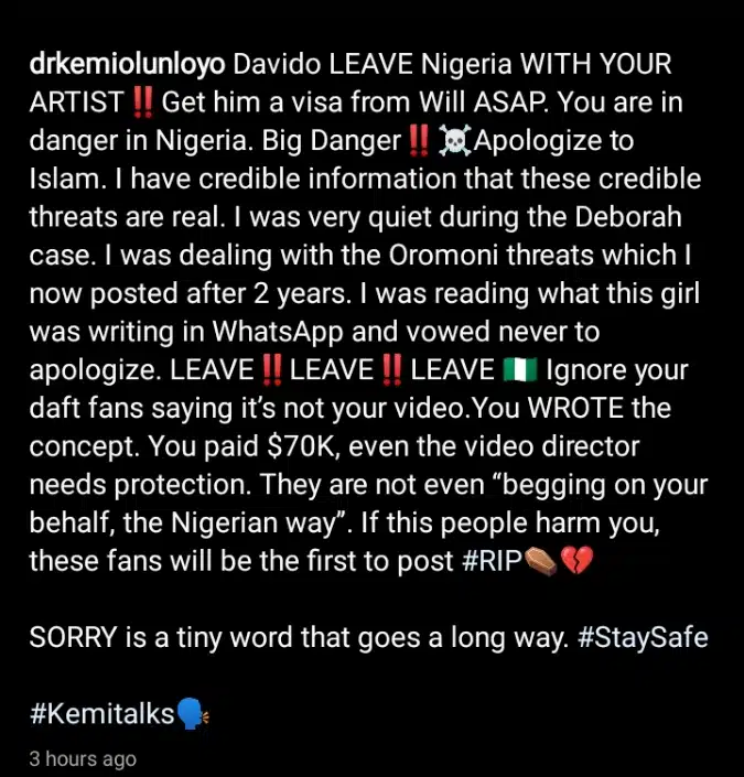 “Flee from Nigeria, your life is in danger” – Kemi Olunloyo warns Davido