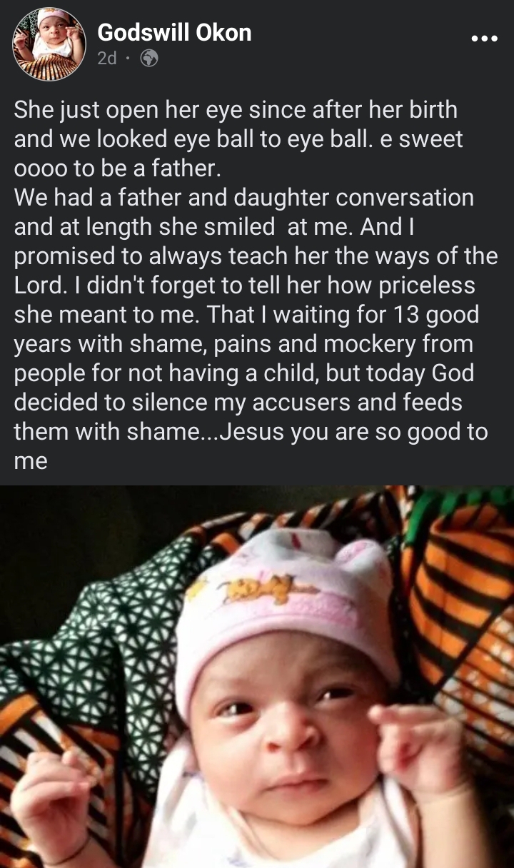 “People mocked and shamed me for not having a child – Man who became a father after 13 years of childlessness, speaks