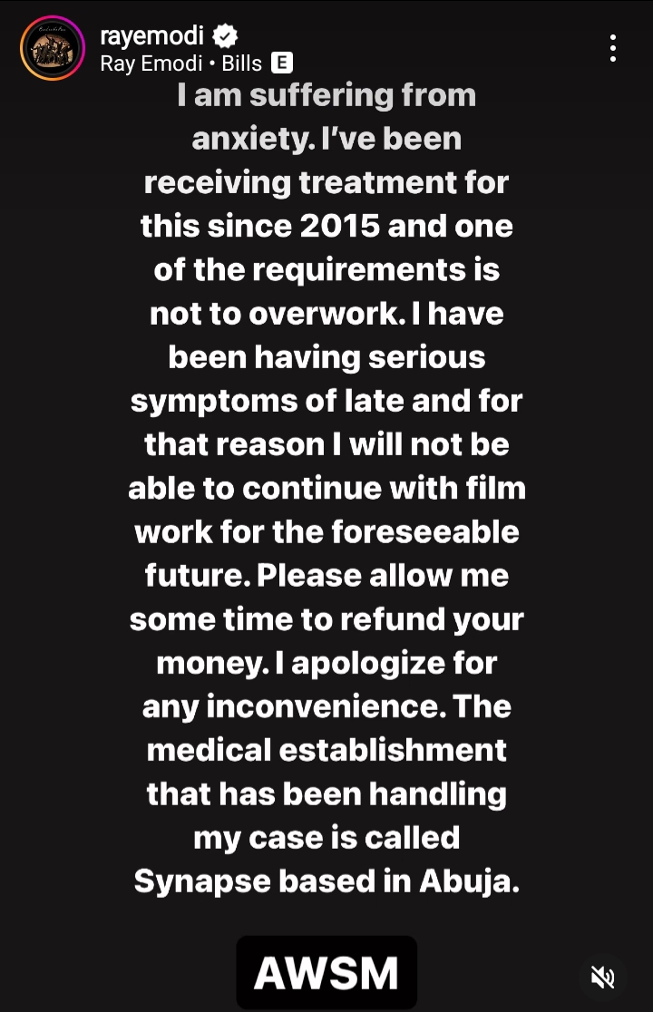 Actor Ray Emodi announces break from Nollywood due to “anxiety”