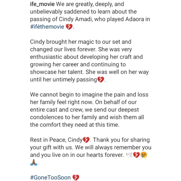 Nigerian actress, Cindy Amadi is dead