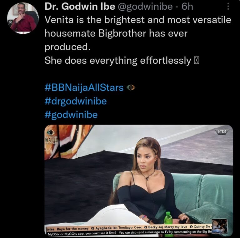 "Venita Is The Brightest And Most Versatile Housemate Bigbrother Has Ever Produced" - Doctor Godwin Ibe Says, Gives Reasons