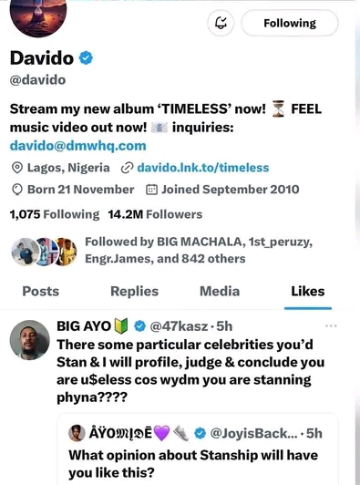 “I actually don’t know who you are” – Davido replies BBNaija’s Phyna after she called him out for liking a post disrespecting her