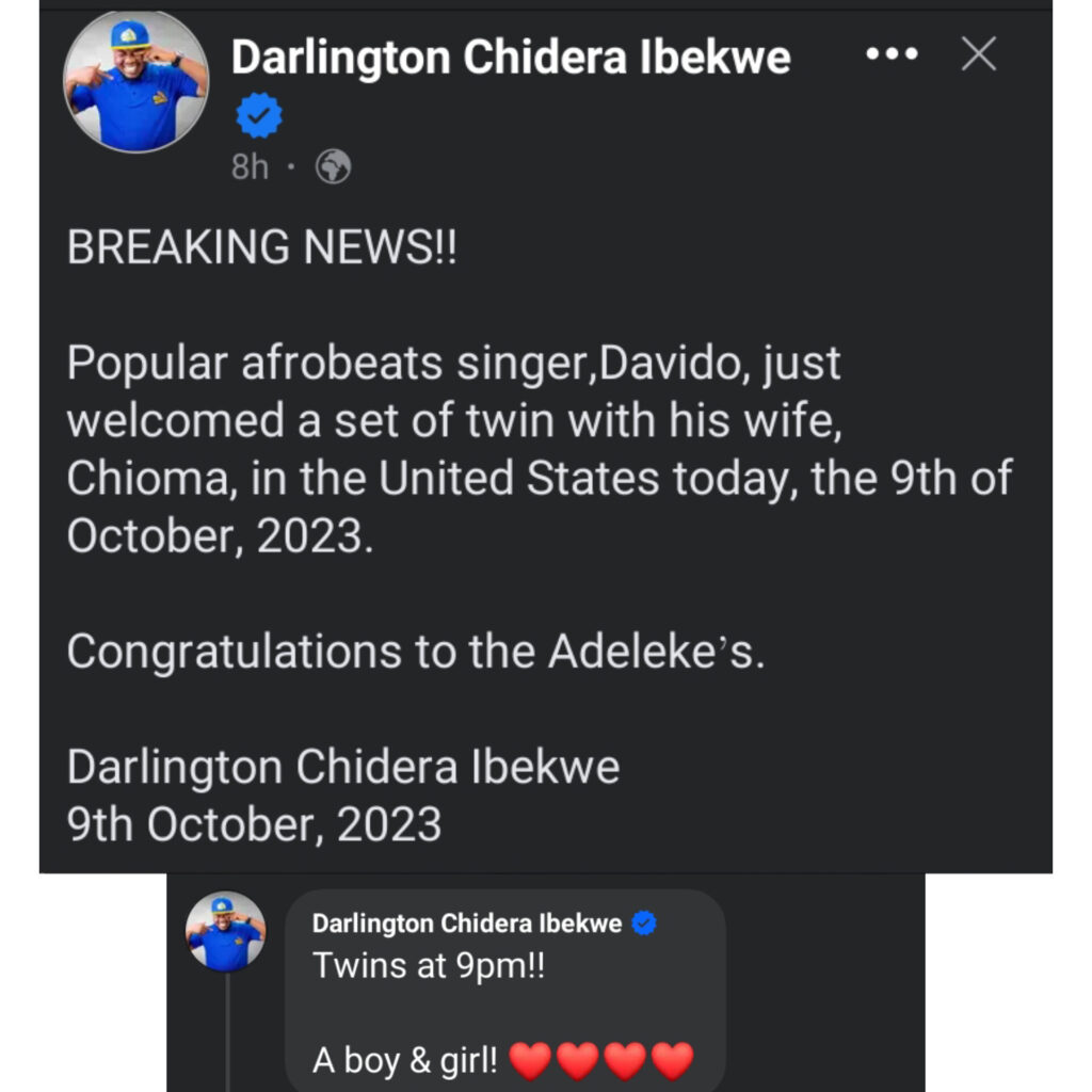 Davido and Chioma welcomes twins – Popular Media personality announces (Details)