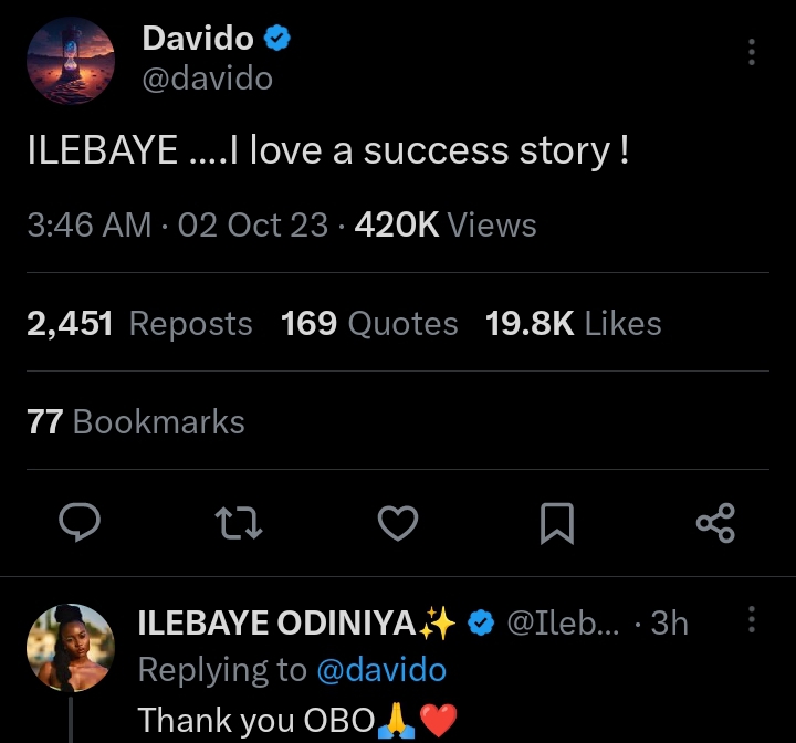 “I love a success story” – Davido says as he hail BBNaija winner, Ilebaye, she replies