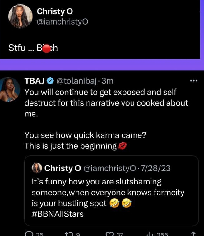 "You will continue to get exposed for this narrative you cooked about me" - Tolanibaj mock Christy O amidst alleged affair with Kess, she replies