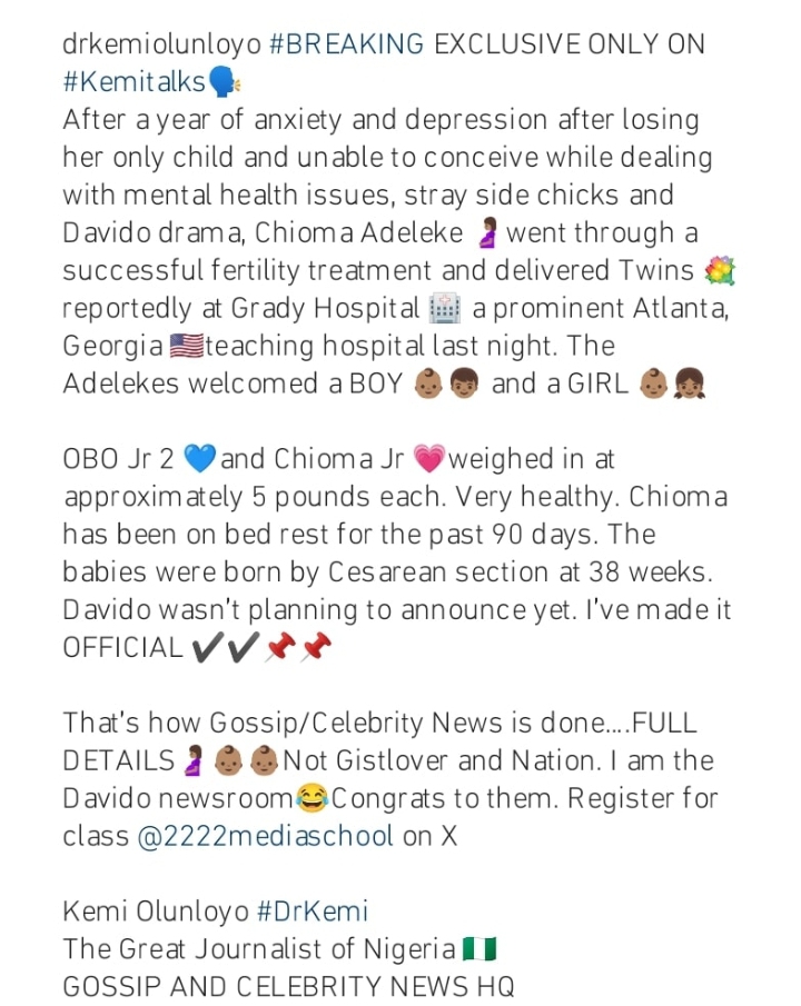 “The babies were born by Cesarean section ” Kemi Olunloyo comes under fire as she reveals details of Davido and Chioma Rowland’s twins’ birth