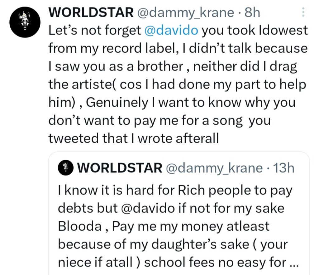 “Pay me my money because of my daughter’s sake” Dammy Krane call out Davido  