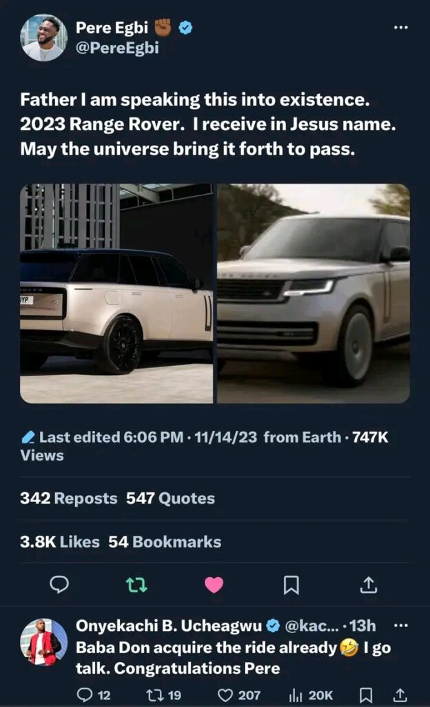 “Baba Don Acquire the New 2023 Range Rover” - Ultimate Love star,  Kachi exposes BBNaija's Pere Egbi's latest achievement  (Details)