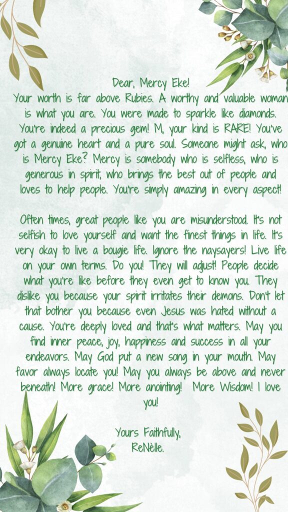 “You’ve got a genuine heart and a pure soul.Your worth is far above Rubies” Devoted fan pens heartwarming note to Mercy Eke 