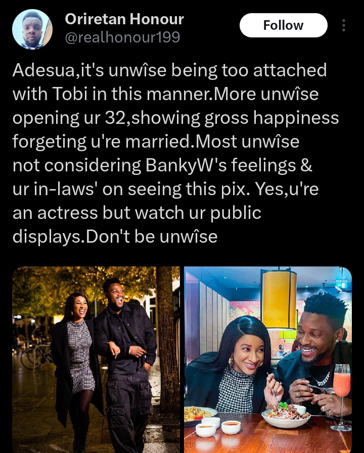 “Don’t be unwise. You are married” Twitter Critic issues strong warning to Adesua Etomi over recent photos with Tobi Bakre (Detail)