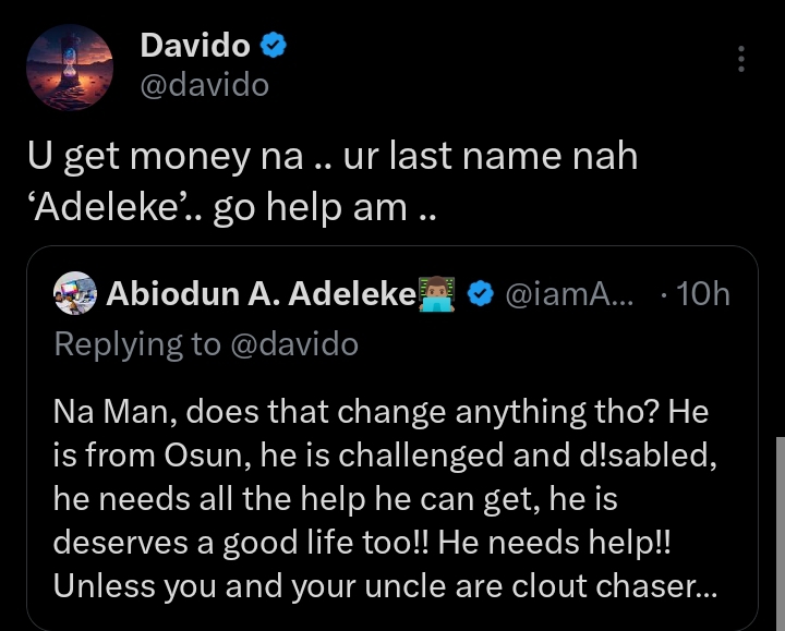 Davido slams critic for berating him over his refusal to help a physically challenged hawker over his alleged gender scam