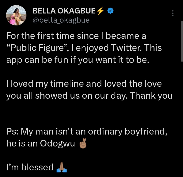 ”My man is not an ordinary boyfriend but an Odogwu” Bella Okagbue reveals as she gushes over her boyfriend, Sheggz