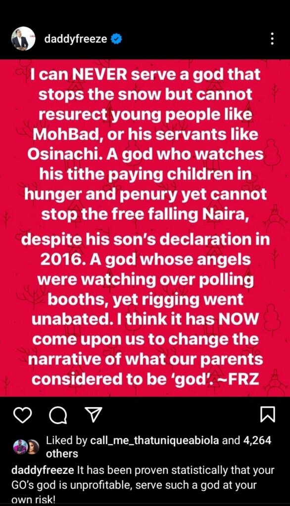 “Go back to your Maker and ask why you are on earth” BBNaija Bambam schools Daddy Freeze on his statement belittling God