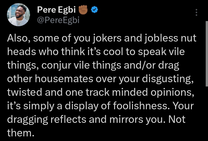 "You do what you do out of love, admiration but there’s a limit" Pere Egbi call out BBNaija shippers, slam colleagues who listen to fans