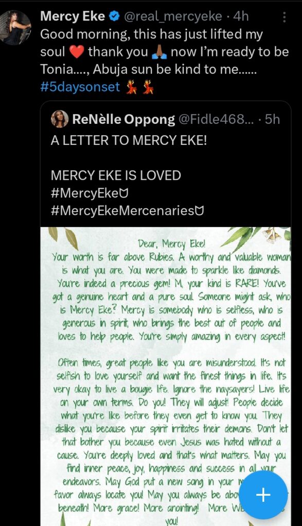 “You’ve got a genuine heart and a pure soul.Your worth is far above Rubies” Devoted fan pens heartwarming note to Mercy Eke 