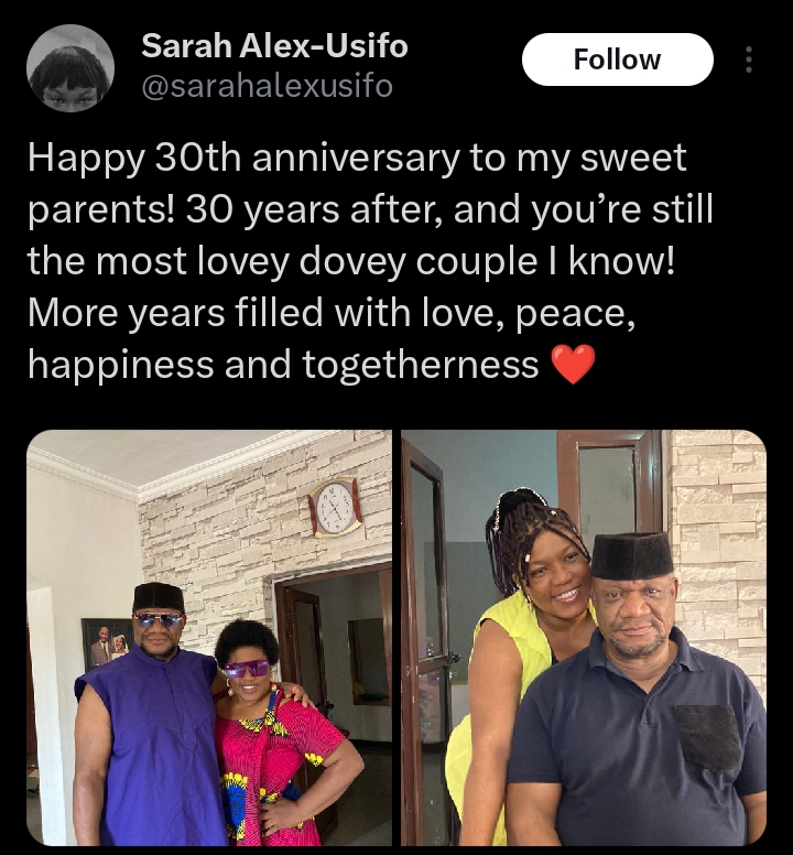 "You're still the most lovey dovey couple after 30 years"- Daughter of Alex Usifo celebrates her parent's 30th wedding anniversary (Photos)