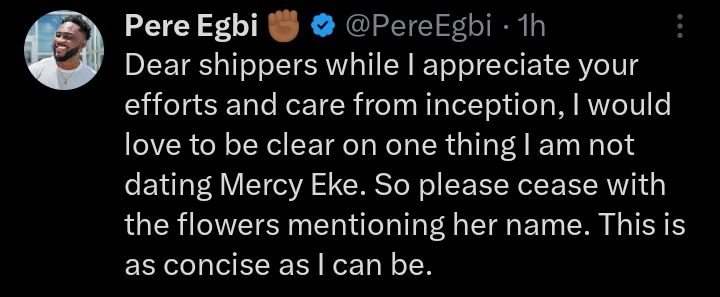 "I am not dating Mercy Eke" - BBNaija's Pere Egbi reveals, send send strong warning to PERCY shipers